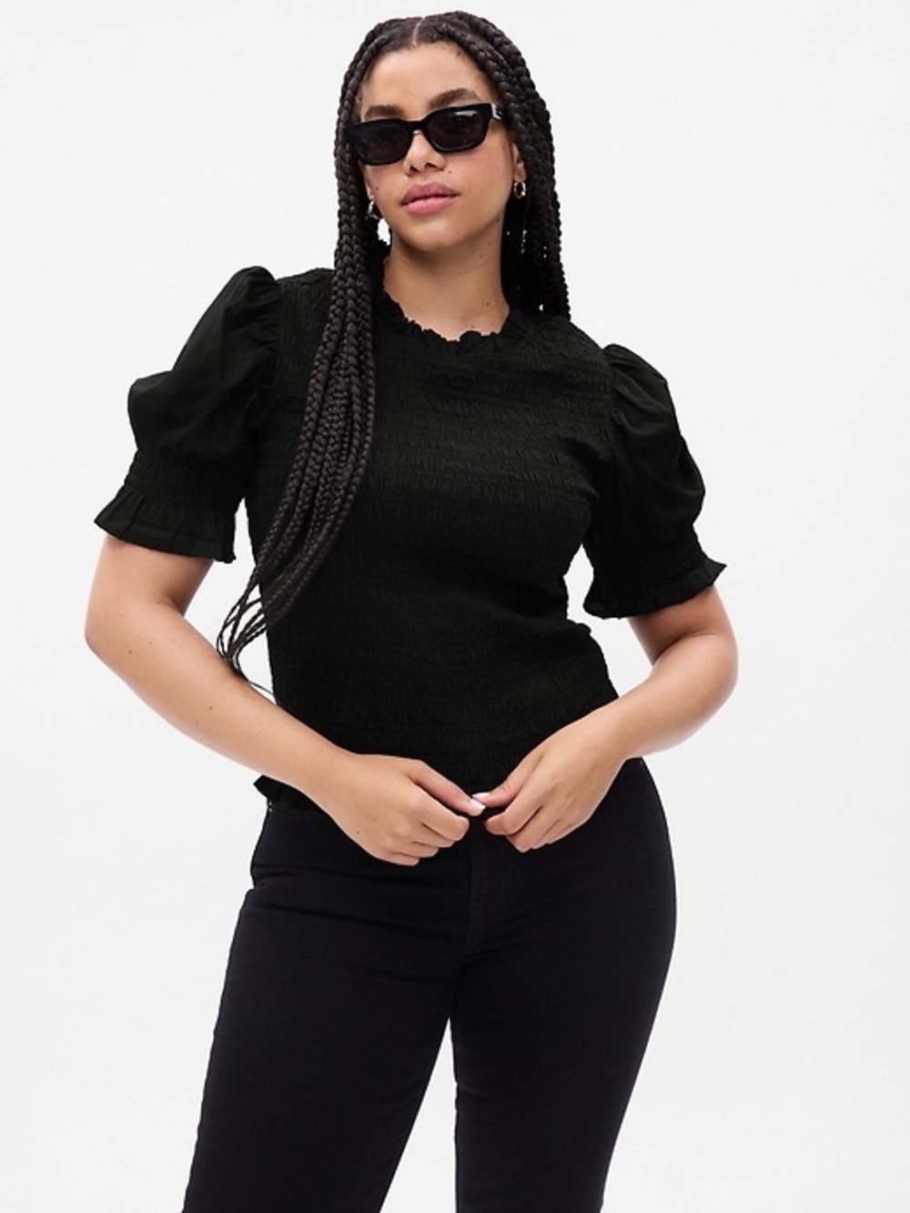 Gap Black Puff Sleeve Smocked Top - Women 100% Cotton